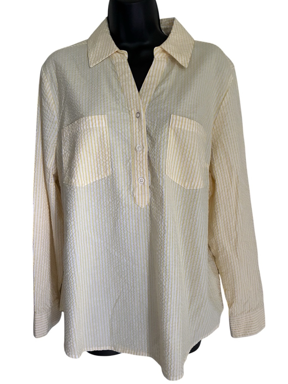 Denim & Co. Preppy Coastal Grandma Clean Girl Pale Yellow Striped Shirt Sz L